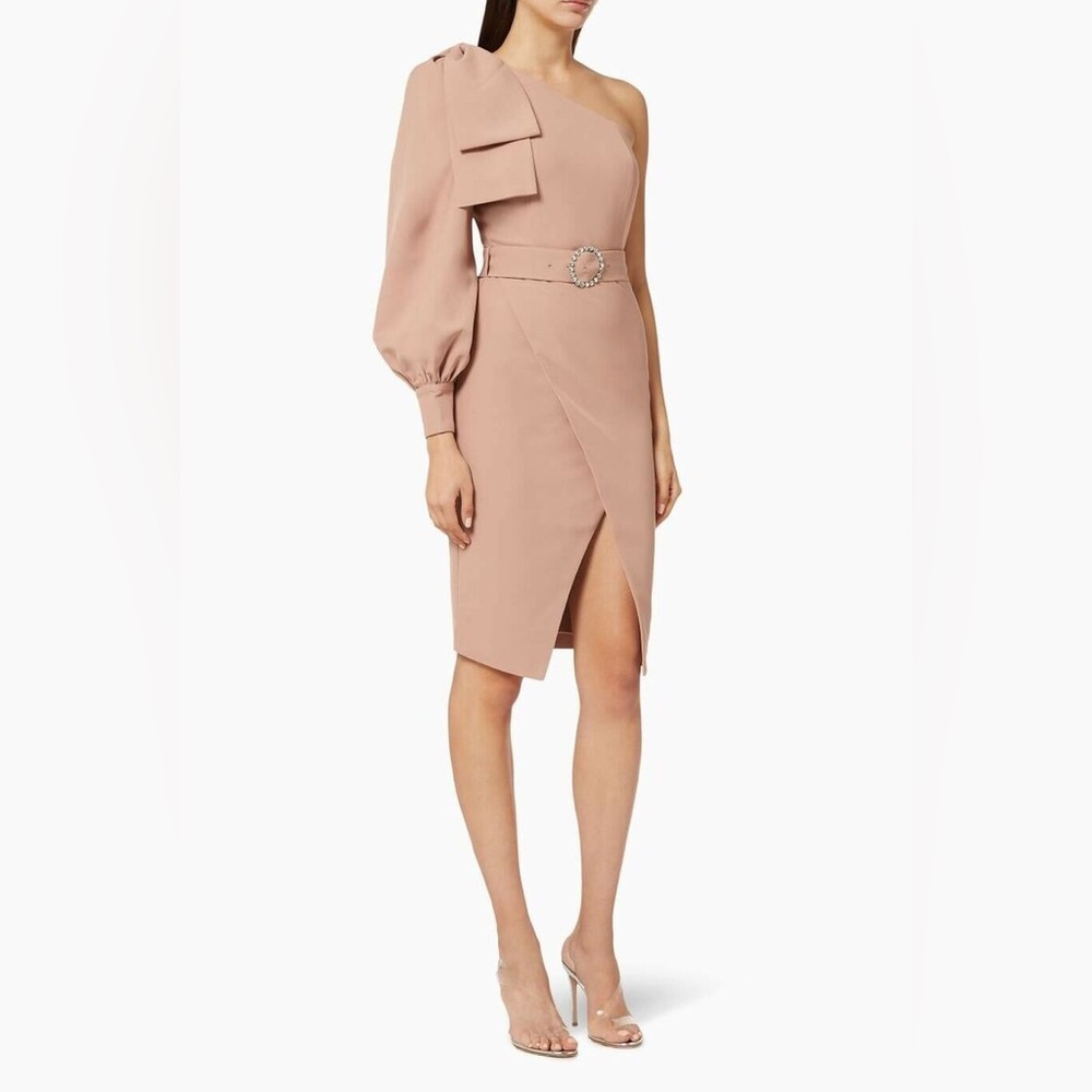 Lavish Alice One Sleeve Wrap Midi With Bow Detail in Mink